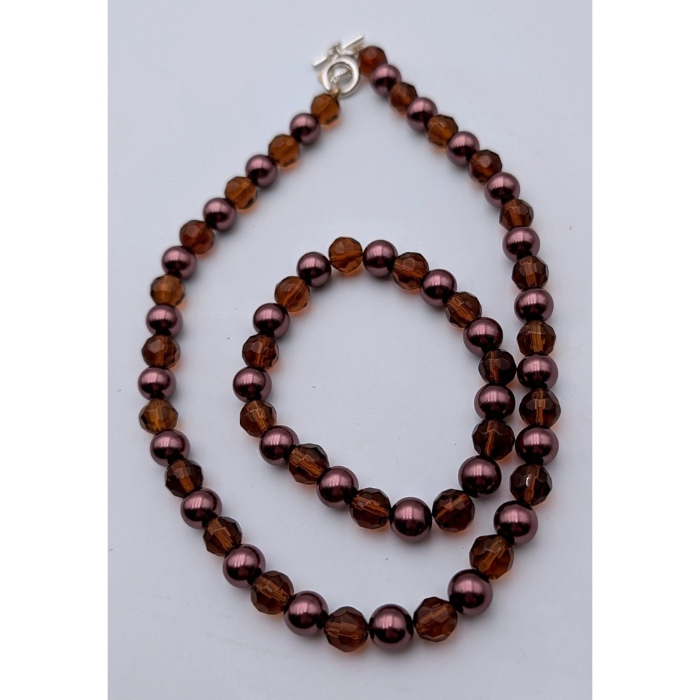 Lia Sophia Brown Pearl Amber Beaded Necklace & Bracelet Set Toggle Clasp